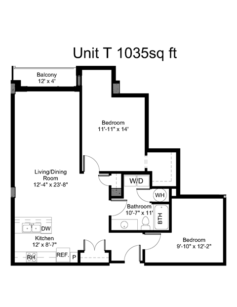 Floor plan for 1 bed, 1 bath, 1035 sqft